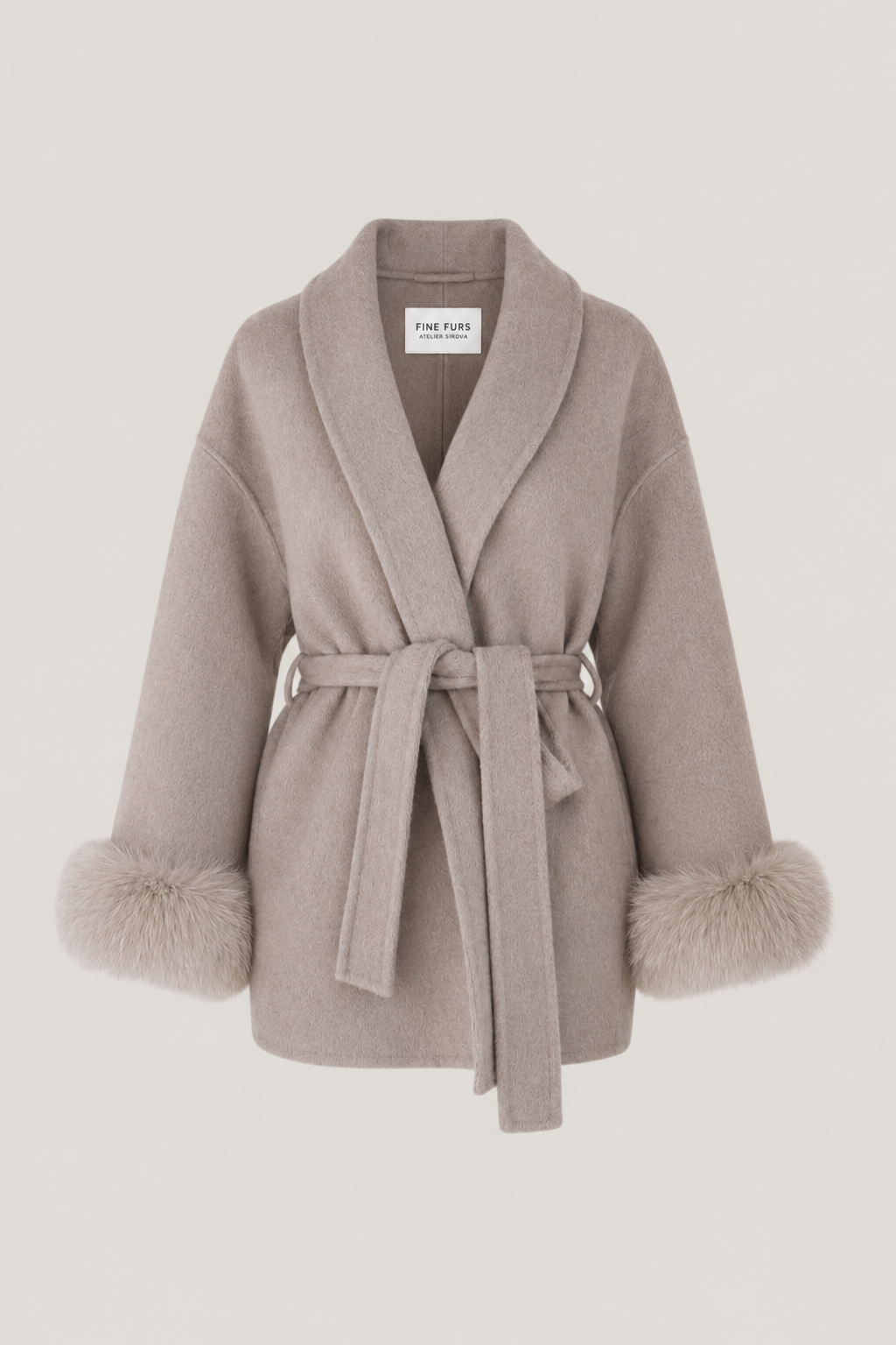 wool coat finefurs with real fox fur belted short krátký kabát z vlny a detailem z pravé lišky