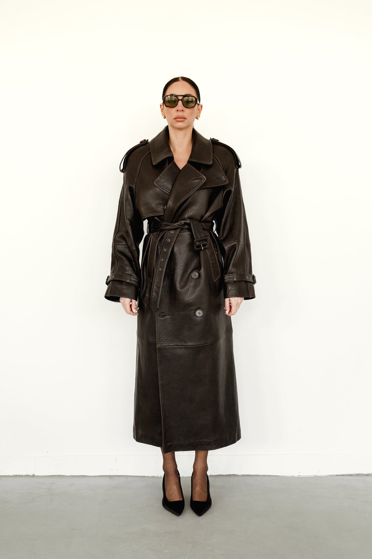 leather trench coat magnolia belted kožený kabát trenčkot hnědý