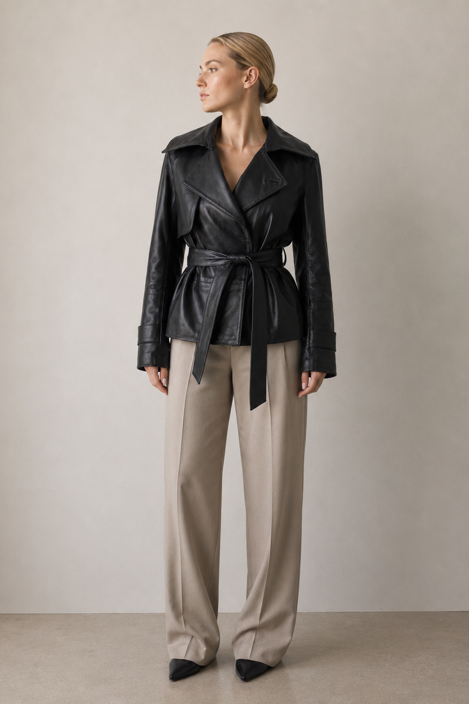 short belted black blazer from Napa leather soft with belt krátké sako s páskem z prémiové kůže nappa