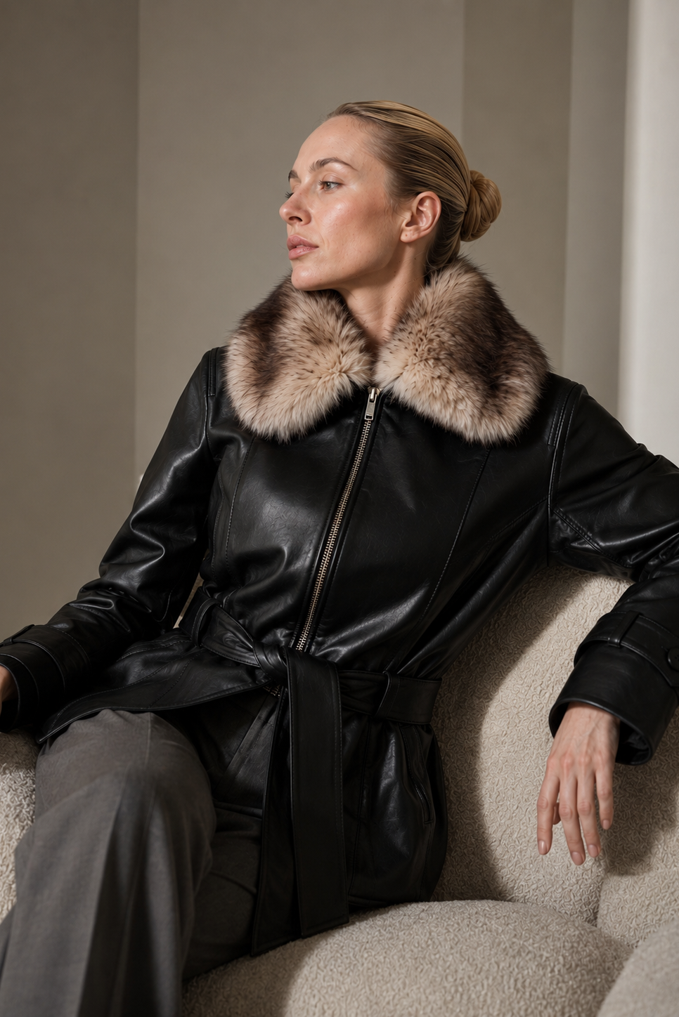 Luxusní bunda s páskem z kůže nappa s kožešinovým límcem z toskánské ovce. Leather jacket napapá with collar from real for. Short belted coat