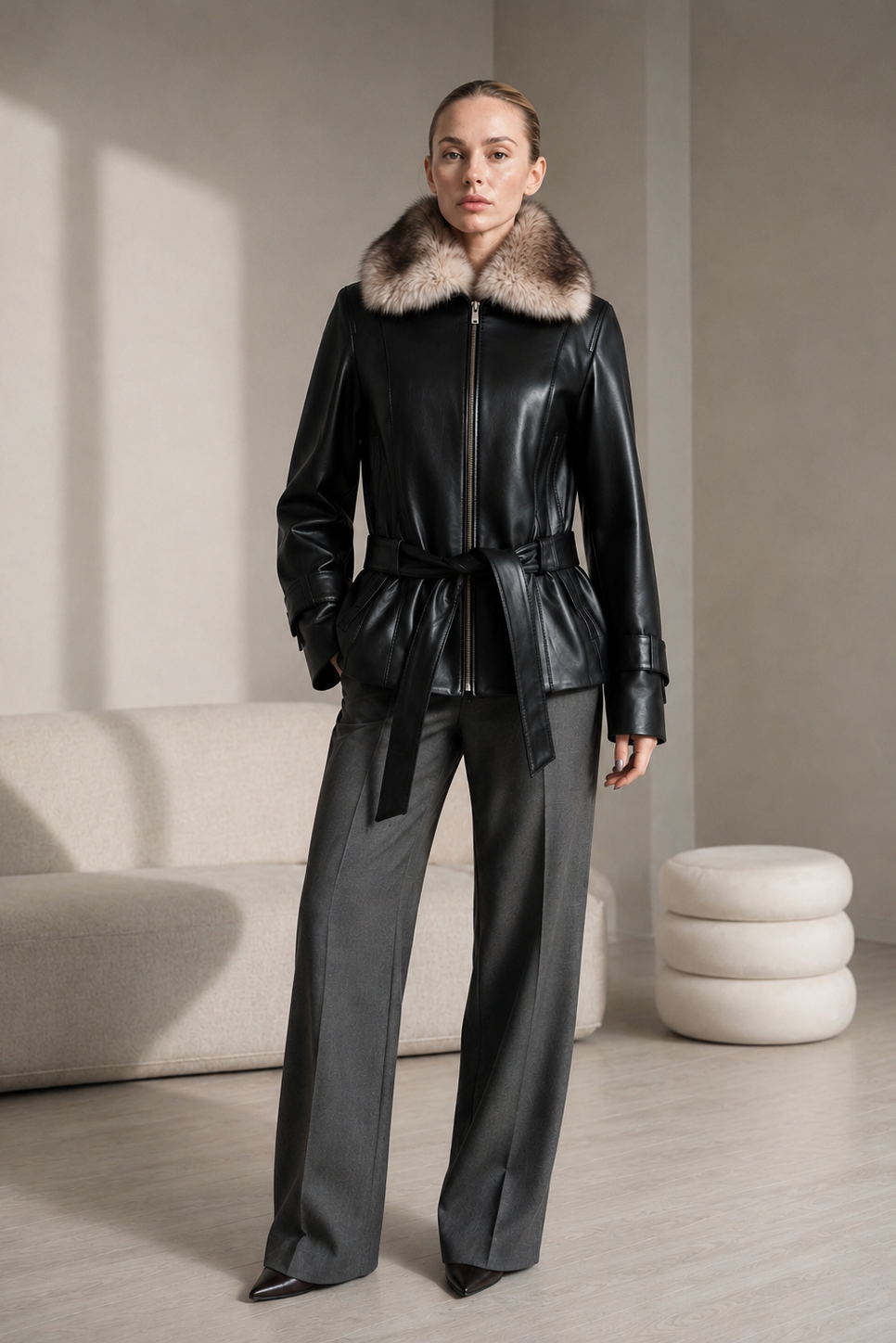 Luxusní bunda s páskem z kůže nappa s kožešinovým límcem z toskánské ovce. Leather jacket napapá with collar from real for. Short belted coat