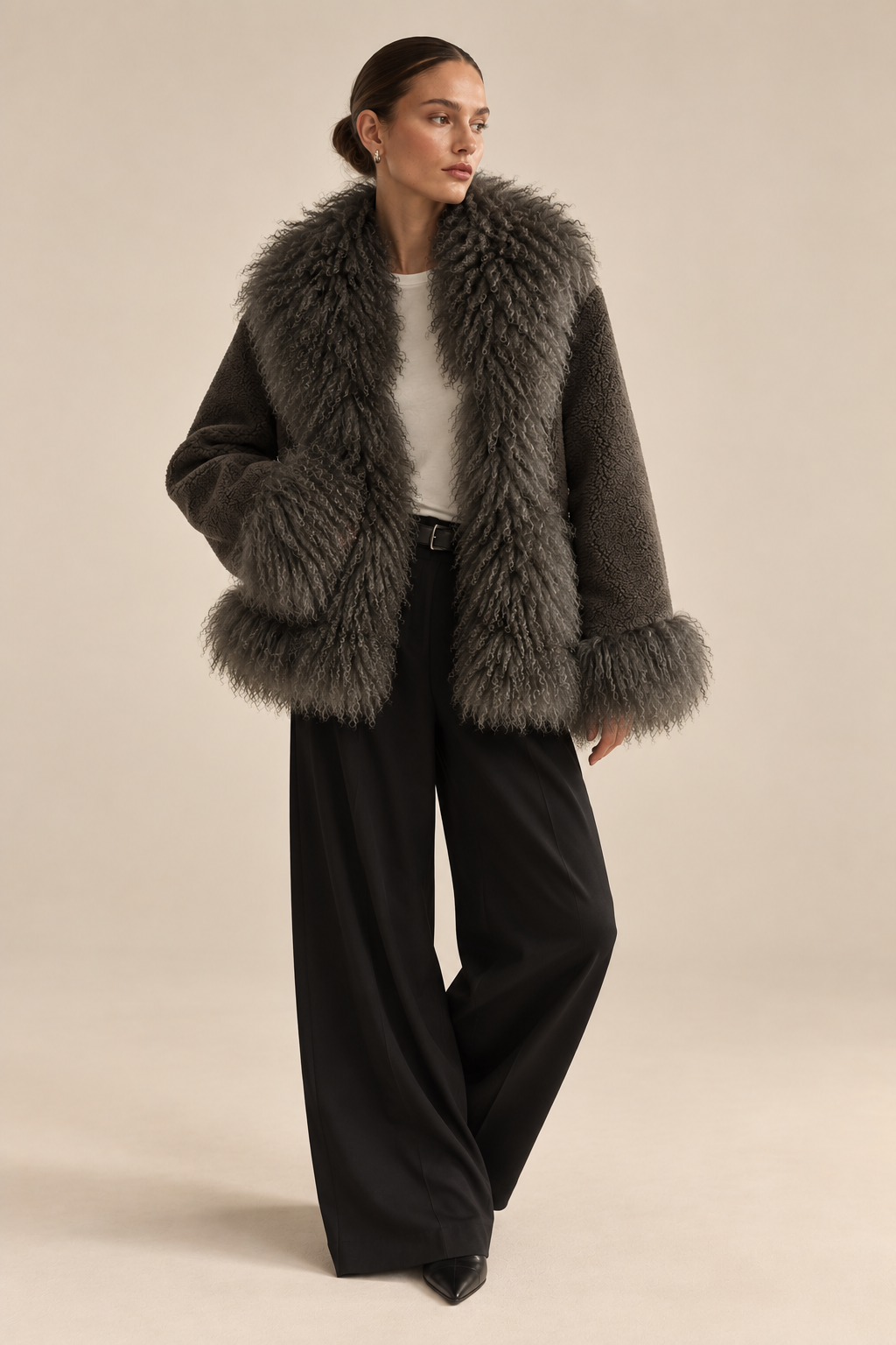 Wool jacket coat with fur mongolian vlněný kabát s pravou kožešinou z mongolské ovce