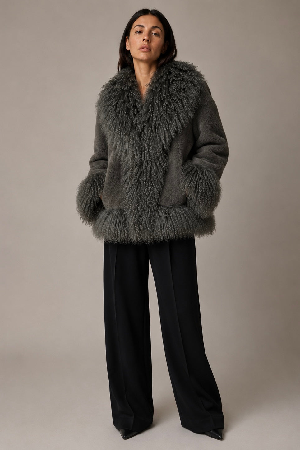 Wool jacket coat with fur mongolian vlněný kabát s pravou kožešinou z mongolské ovce