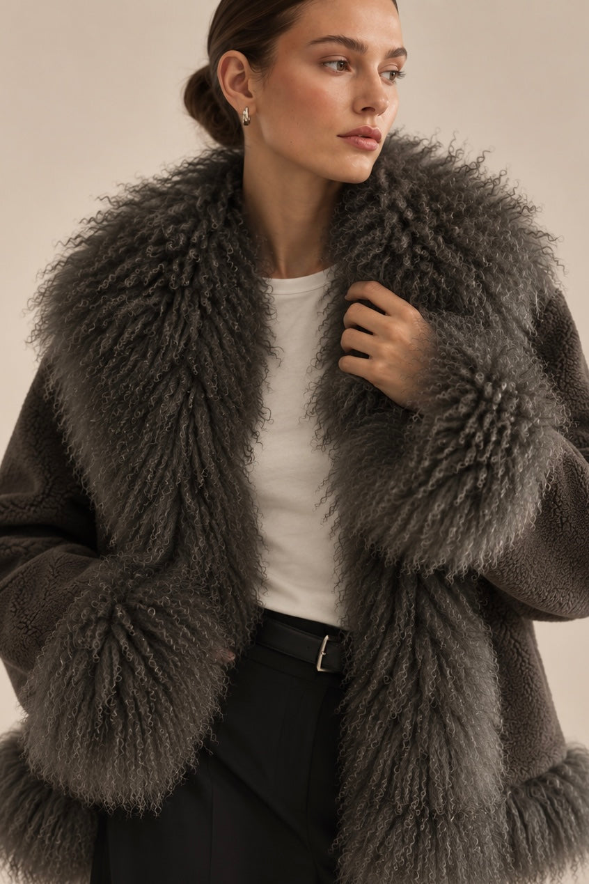 Wool jacket coat with fur mongolian vlněný kabát s pravou kožešinou z mongolské ovce
